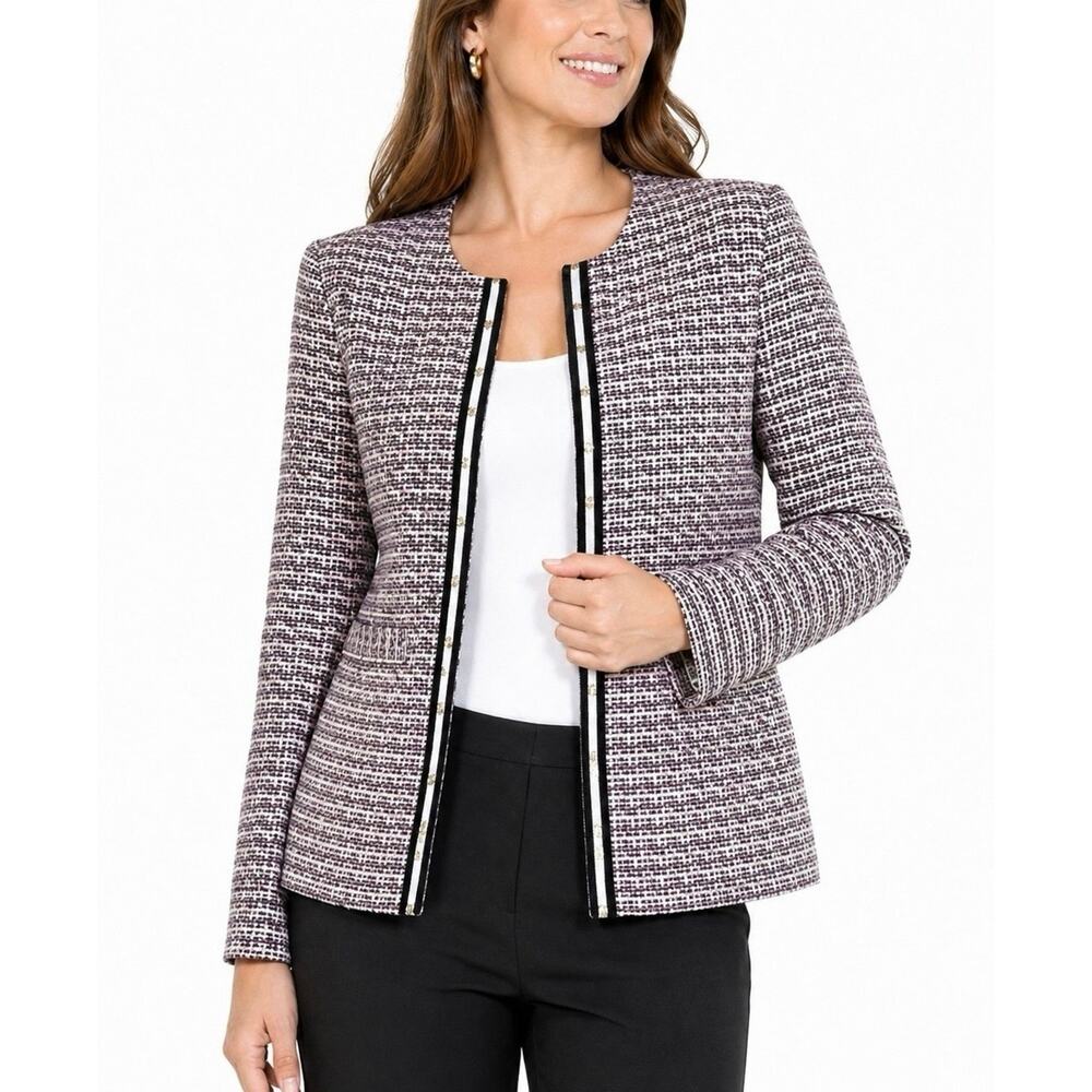 Tahari ASL Jacket Womens Size 8 Pink Black Tweed Blazer Open Front Trim Career